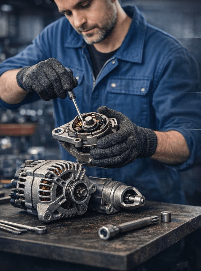 Mechanik AutoStarter24 rozbiera alternator na stanowisku warsztatowym
