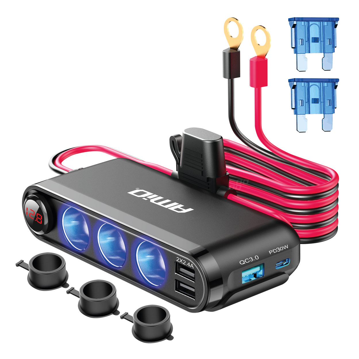 Rozdzielacz rozgałęźnik trójnik zapalniczki + woltmierz ładowarka USB USB-C 12V