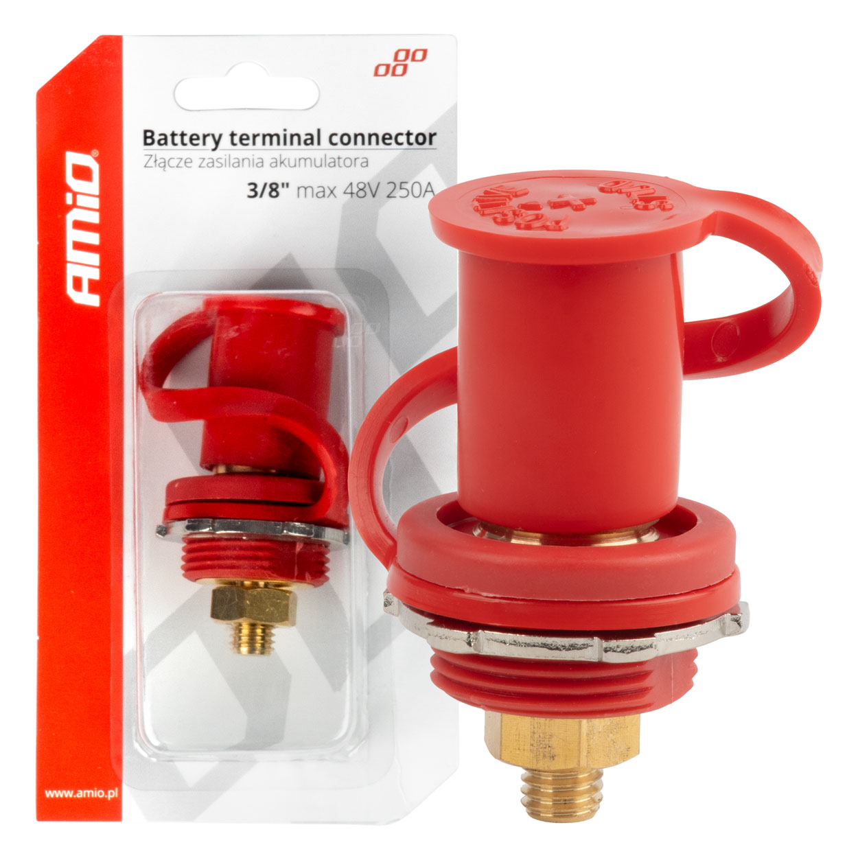Złącze zasilania akumulatora czerwone plus z zaślepką 3/8 M10 12V 24V 48V 250A A