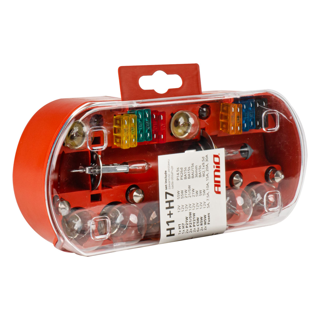 Zestaw AMIO-03960 komplet żarówek zapasowych bezpieczniki 30 szt. H7 + H1 AMIO-0