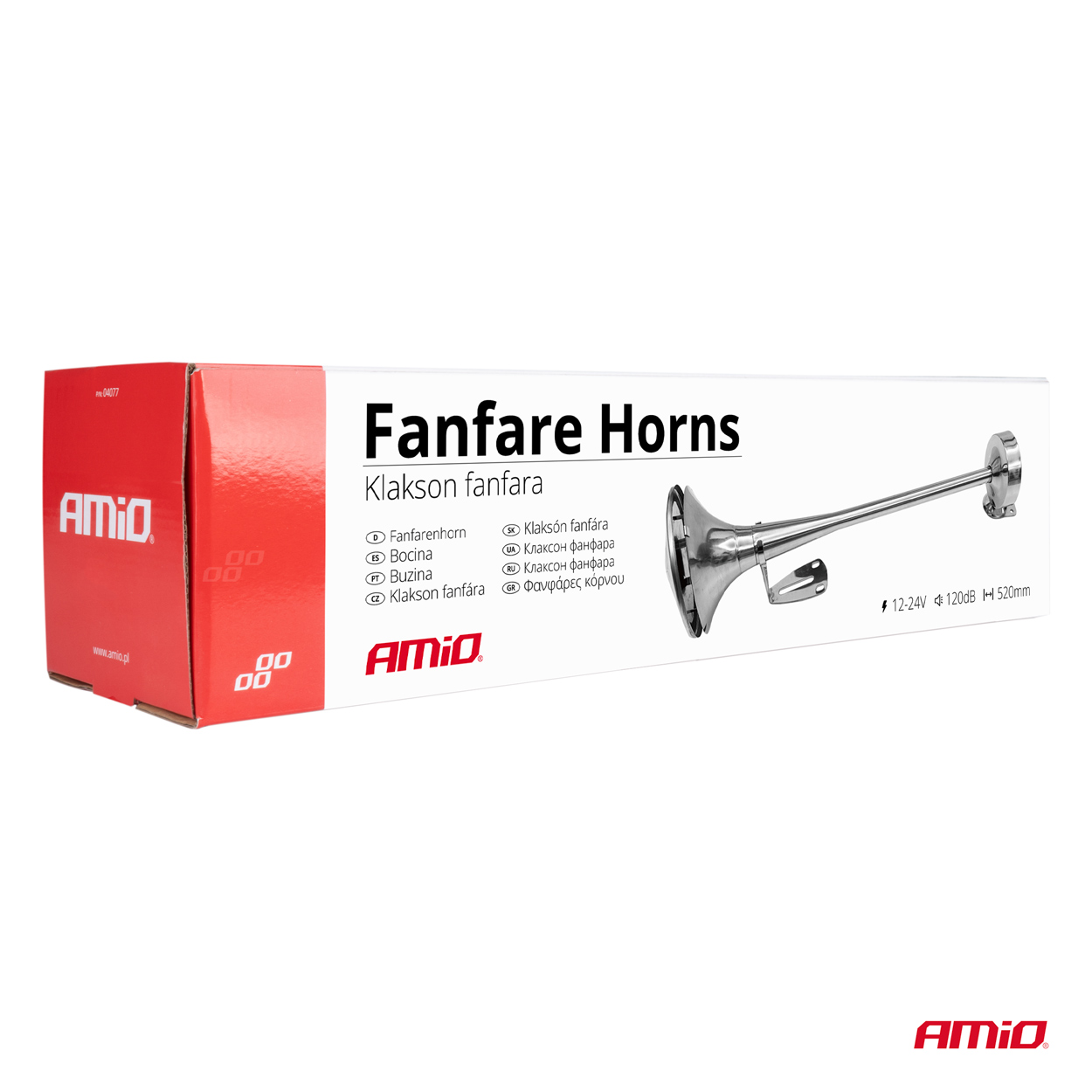 Klakson fanfara sygnał dźwiękowy chrom 520 mm 12V 24V HighTone AMIO-04077