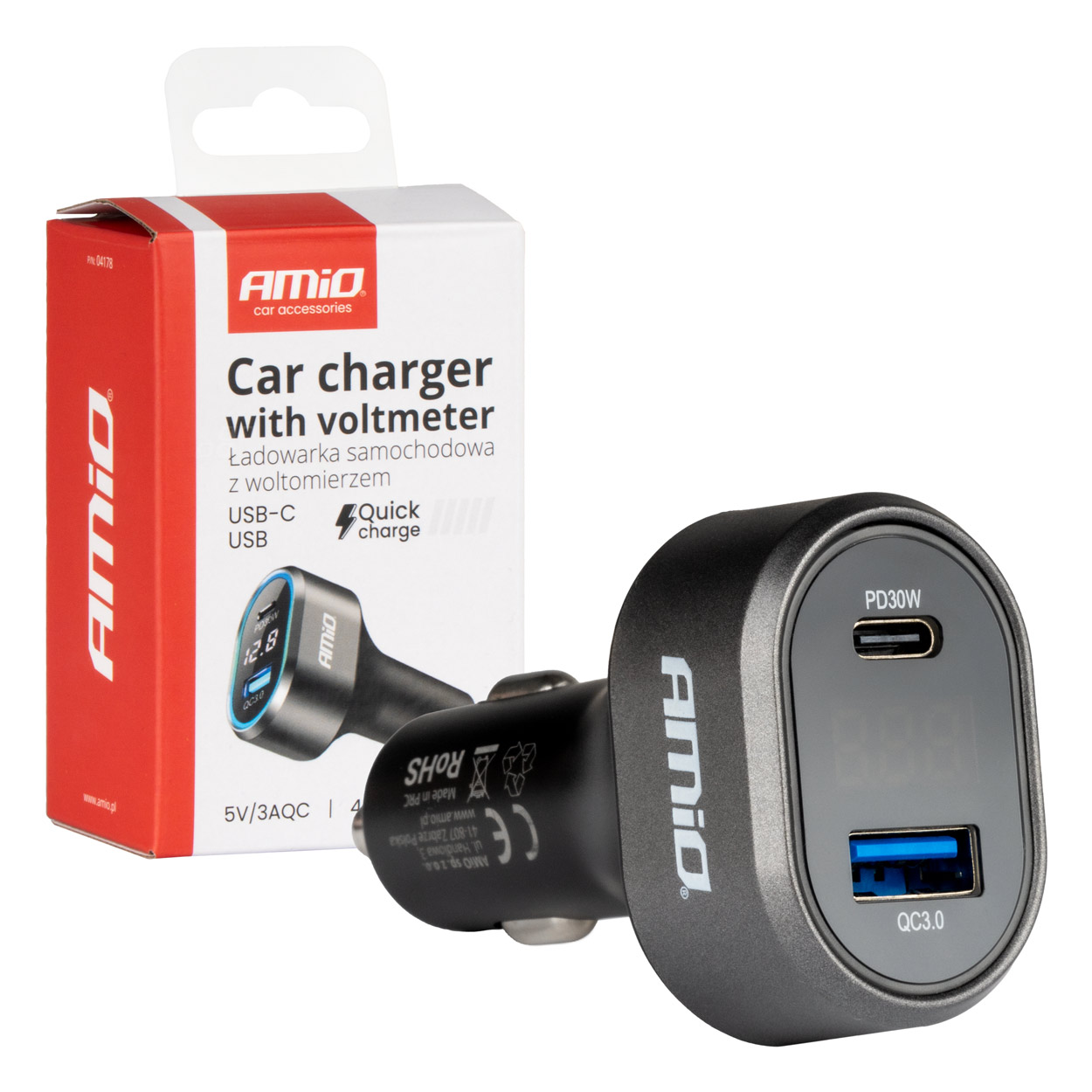 Szybka ładowarka samochodowa z woltomierzem 48W PD30W QC3.0 USB-A USB-C AMIO-041