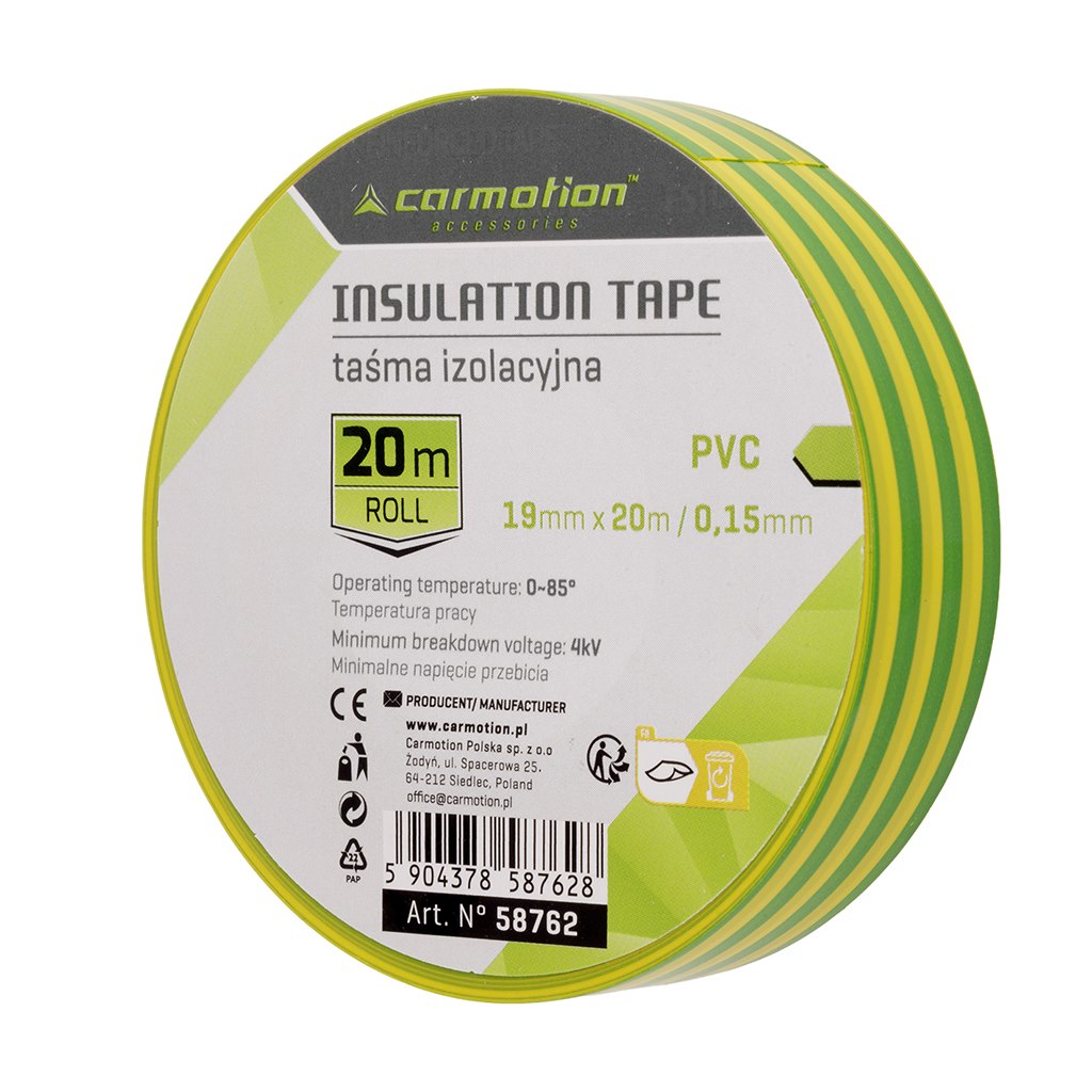 Taśma izolacyjna PVC 0,15 mm x 19 mm x 20 m, zielono-żółta, 1 szt.