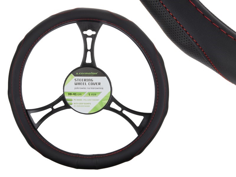 Pokrowiec na kierownicę PU 39-41 cm "L", perforowane gripy, czarny + czerwone ni