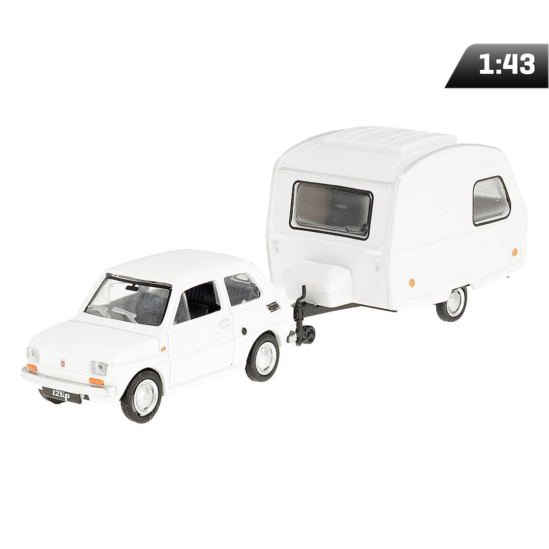 Model 1:43 Zestaw Fiat 126p + przyczepa Niewiadów Kemping, biały