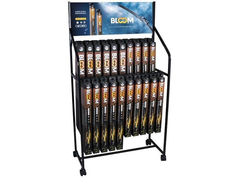 Zestaw wycieraczek bezszkieletowych BLOOM U, 90 szt. + ekspozytor stojący z kółk